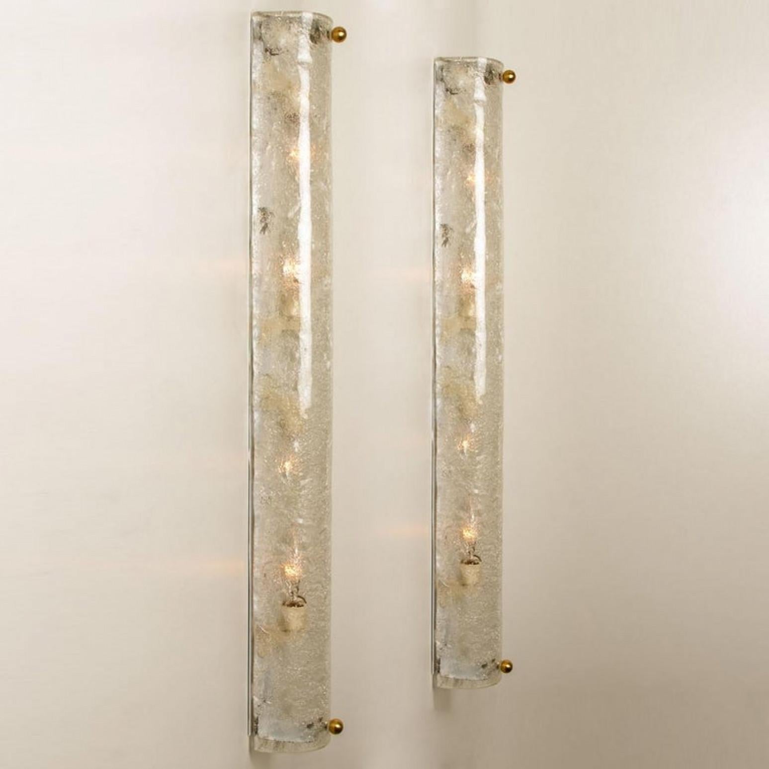Austrian Pair of Large Blown Murano Glass and Brass Wall Lights by Hillebrand For Sale