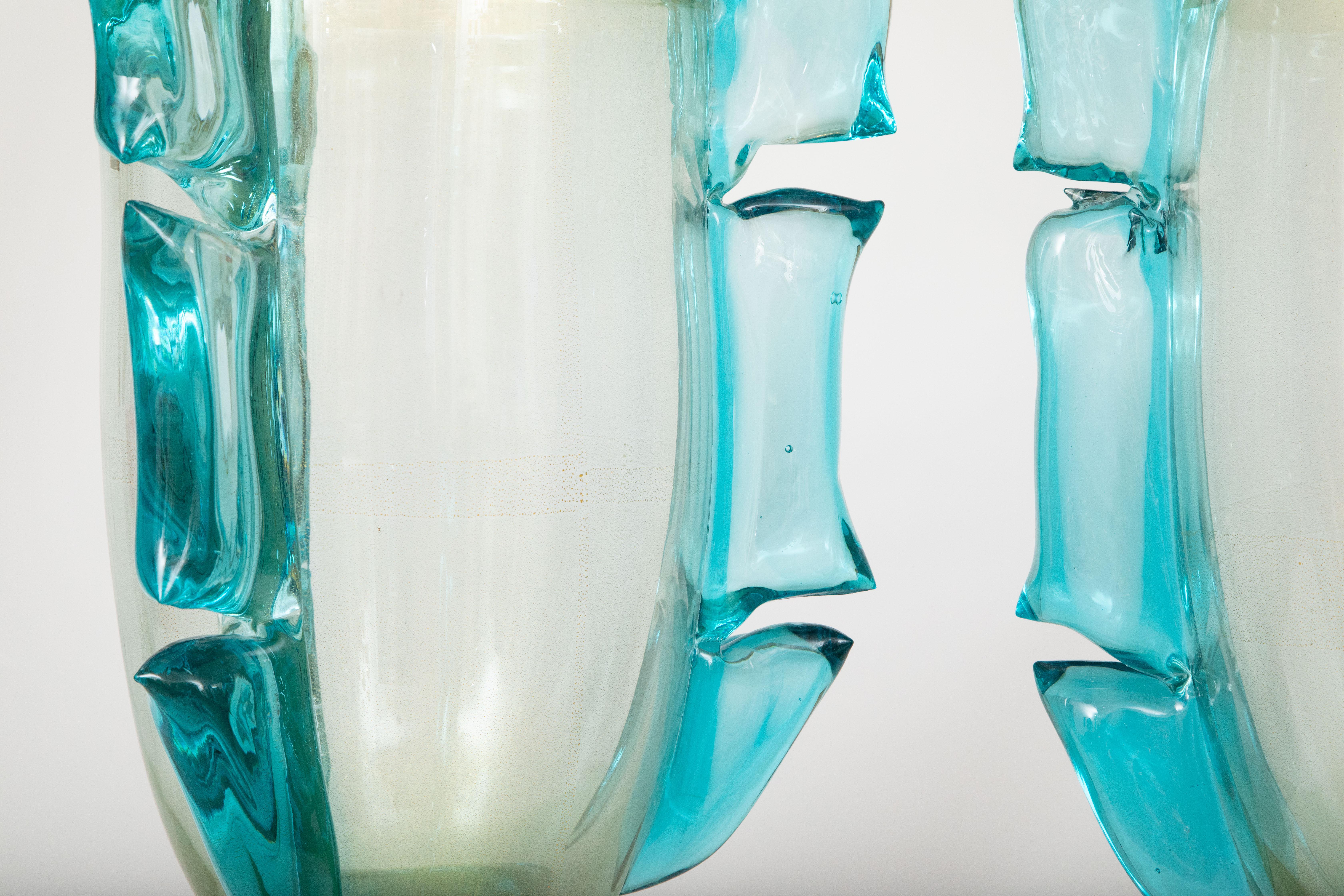 Mid-Century Modern Pair of Large Blue and Iridescent Murano Glass Vases, in Stock