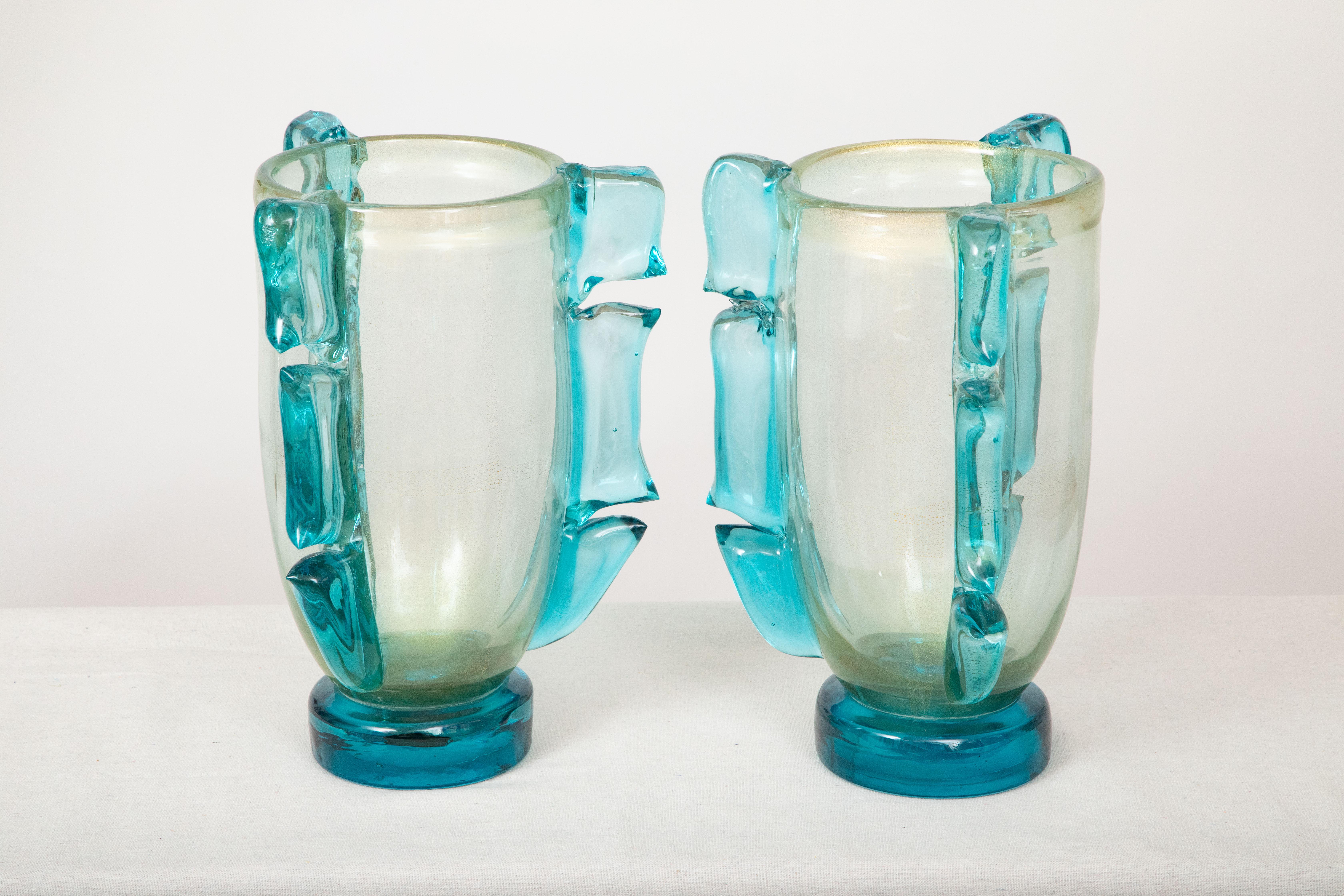 Pair of Large Blue and Iridescent Murano Glass Vases, in Stock In Excellent Condition In Miami, FL
