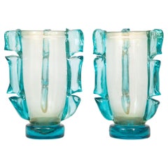 Pair of Large Blue and Iridescent Murano Glass Vases, in Stock
