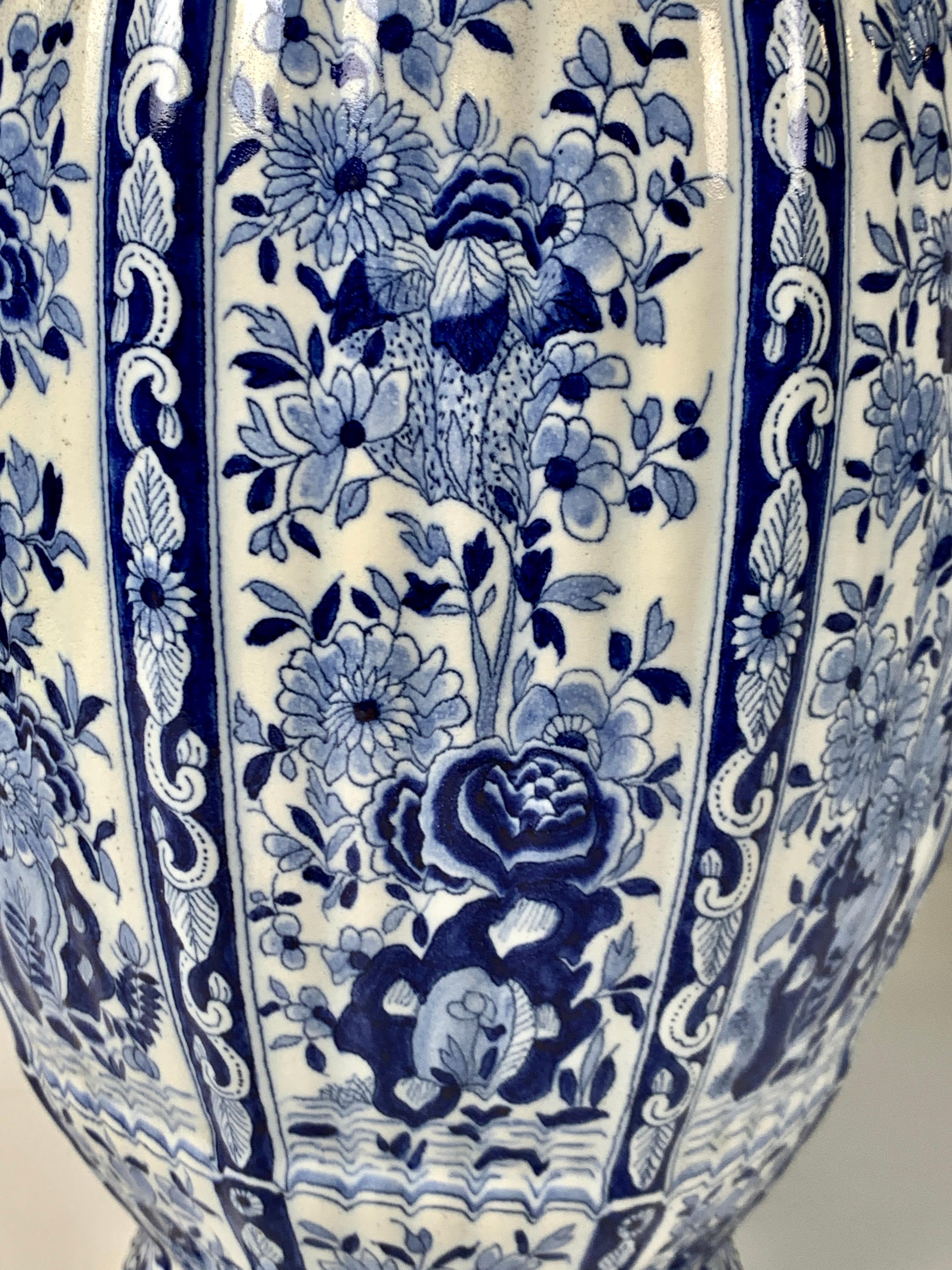 Pair of Large Blue and White Delft Jars Decorated with Flowers In Excellent Condition In Katonah, NY