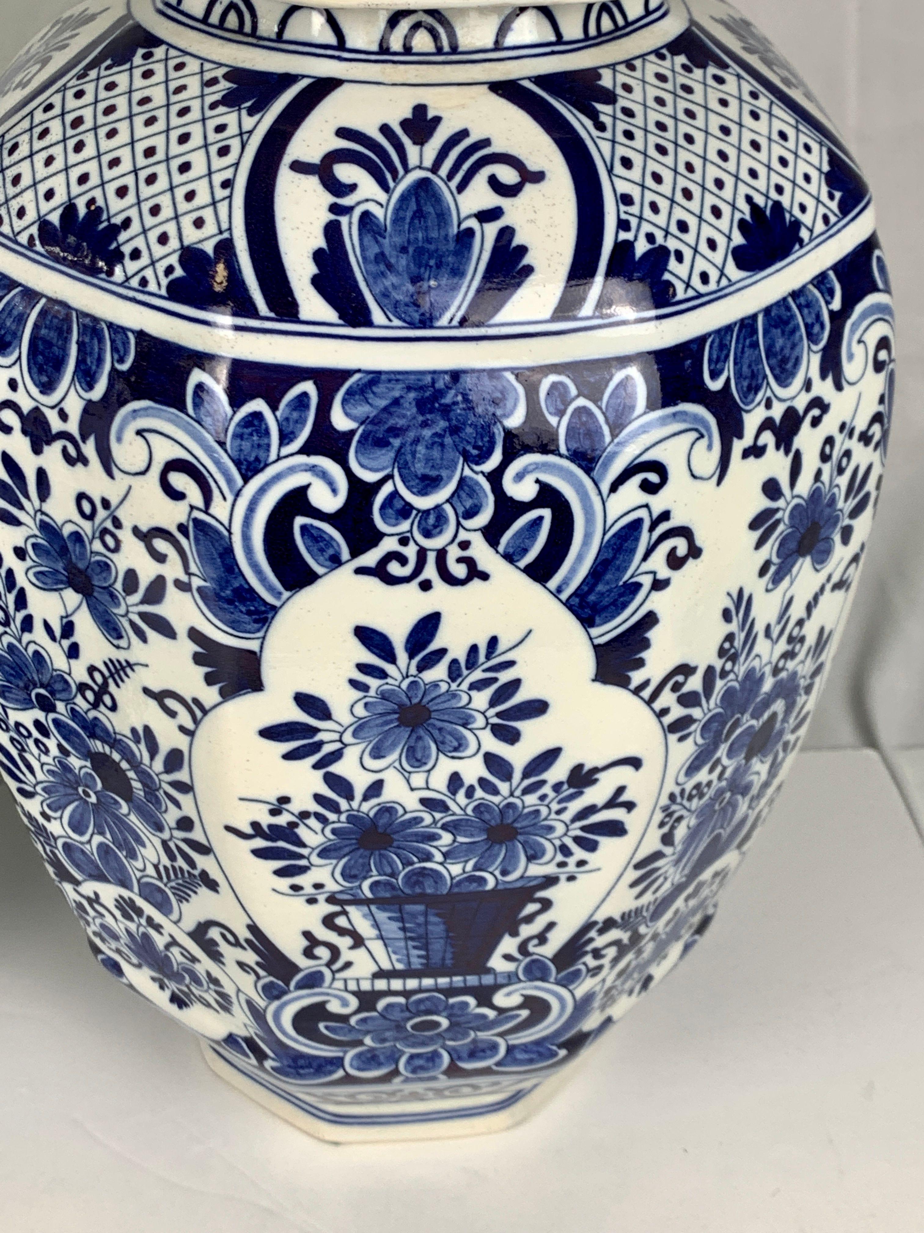 Belgian Pair of Large Blue and White Delft Jars Made Belgium Circa 1880