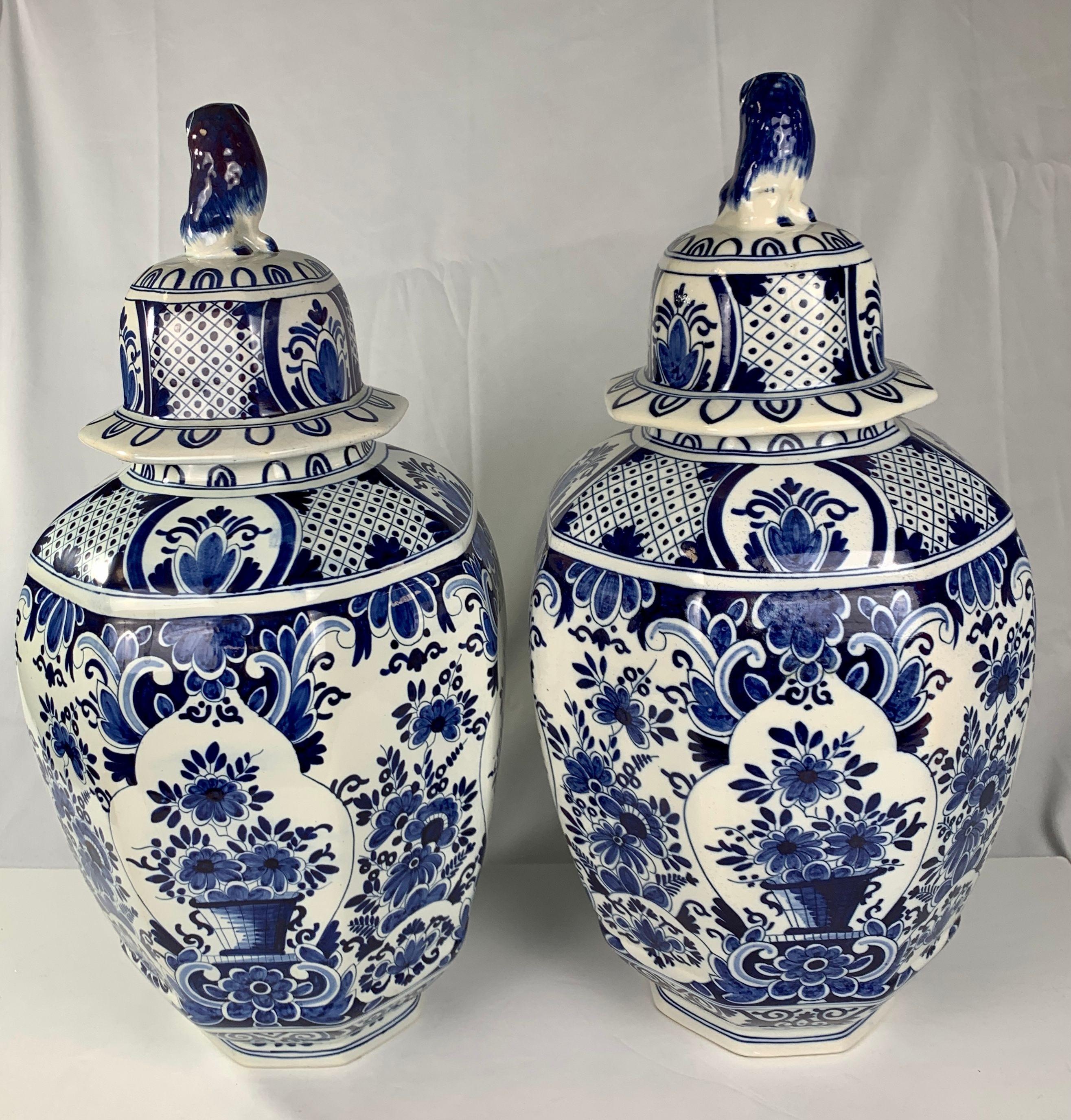 Hand-Painted Pair of Large Blue and White Delft Jars Made Belgium Circa 1880