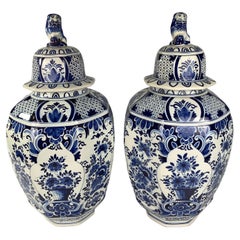 Pair of Large Blue and White Delft Jars Made Belgium Circa 1880