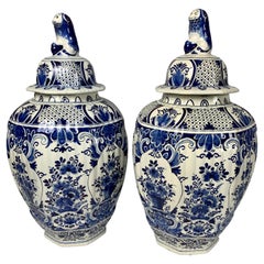 Pair of Large Blue and White Delft Jars Made Belgium Circa 1880
