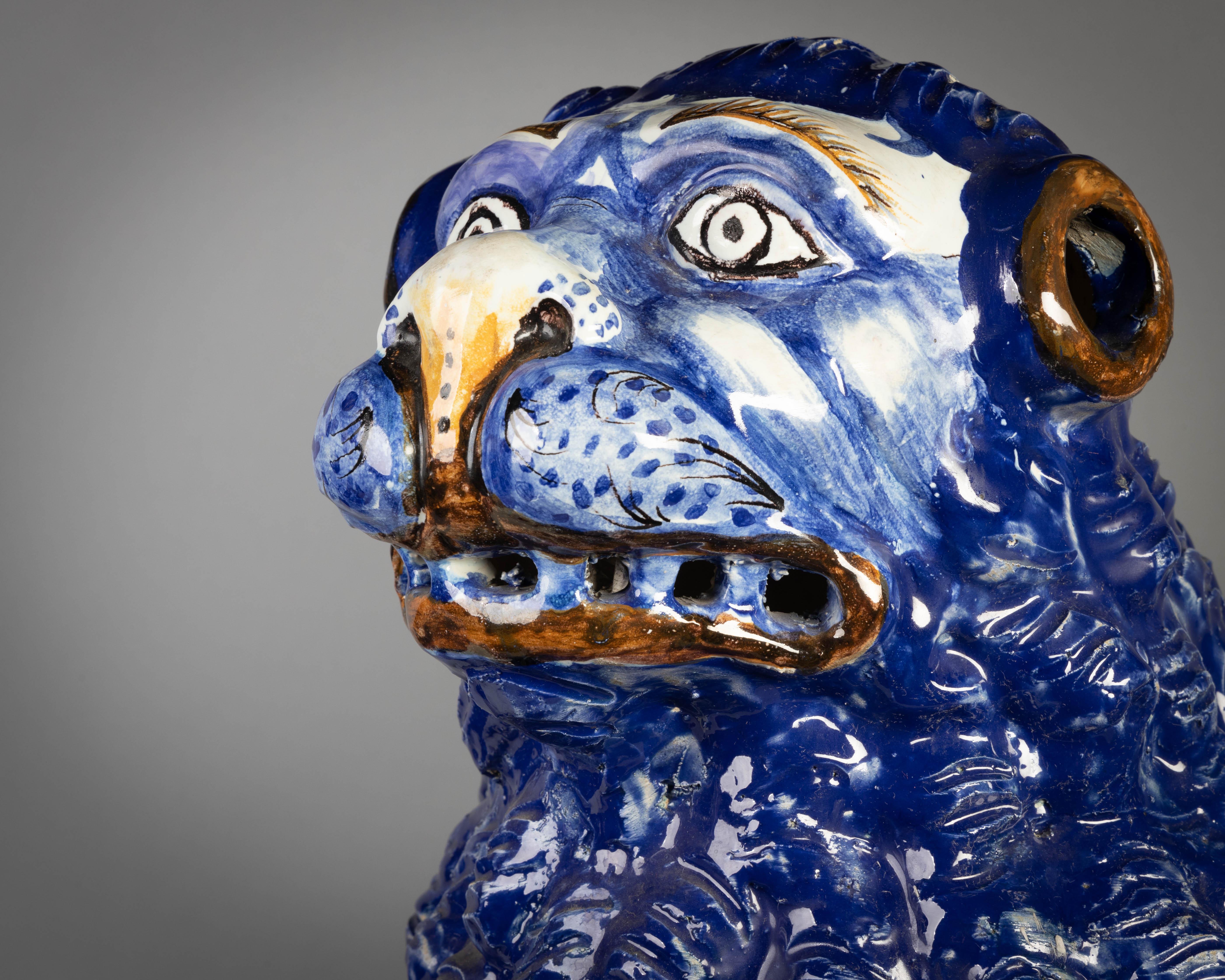 Pair of large blue and white delft lions, Luneville, circa 1840.
