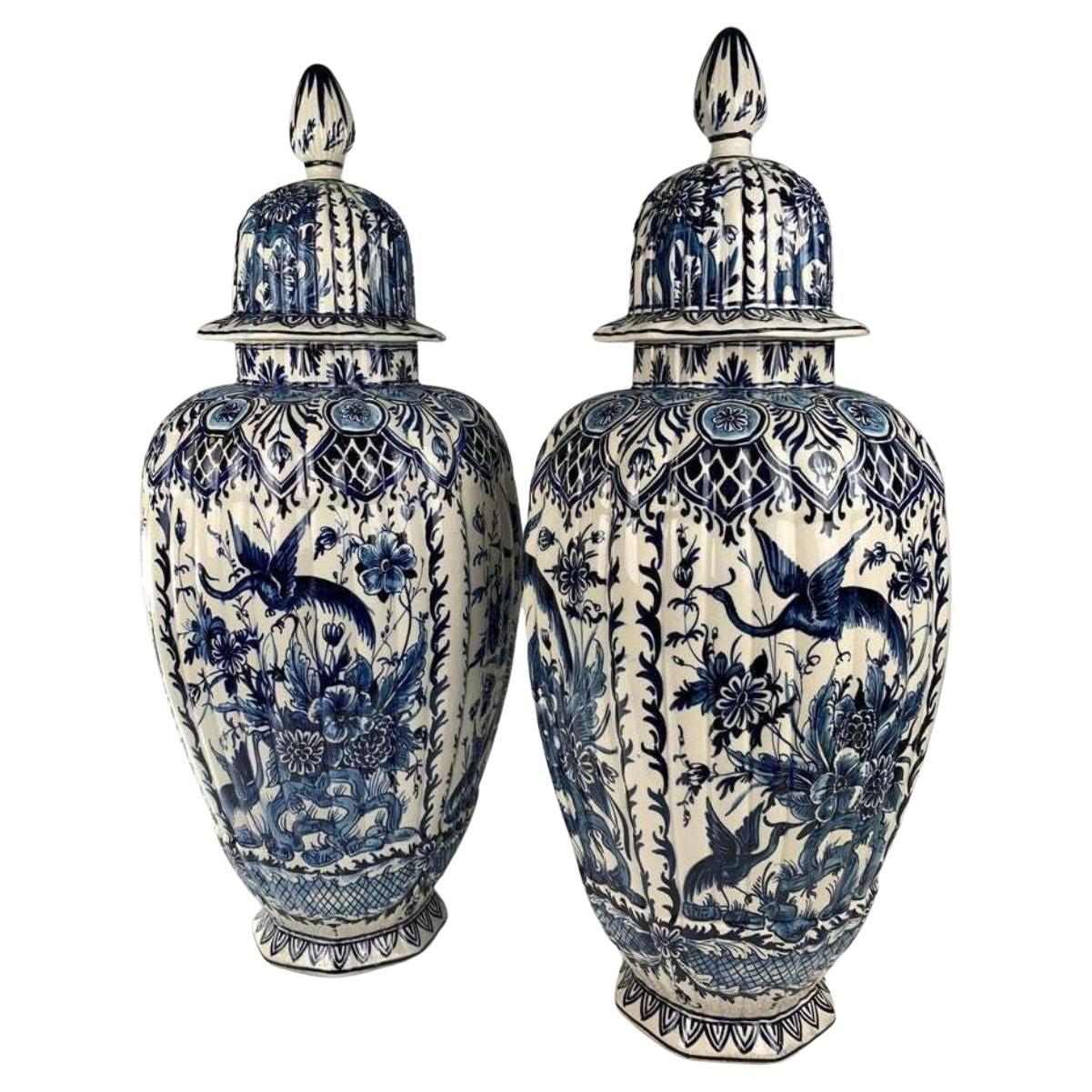 Pair of Large Blue and White Dutch Delft Jars Made Netherlands Late 19th Century