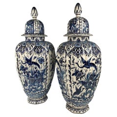 Pair of Large Blue and White Dutch Delft Jars Made Netherlands Late 19th Century