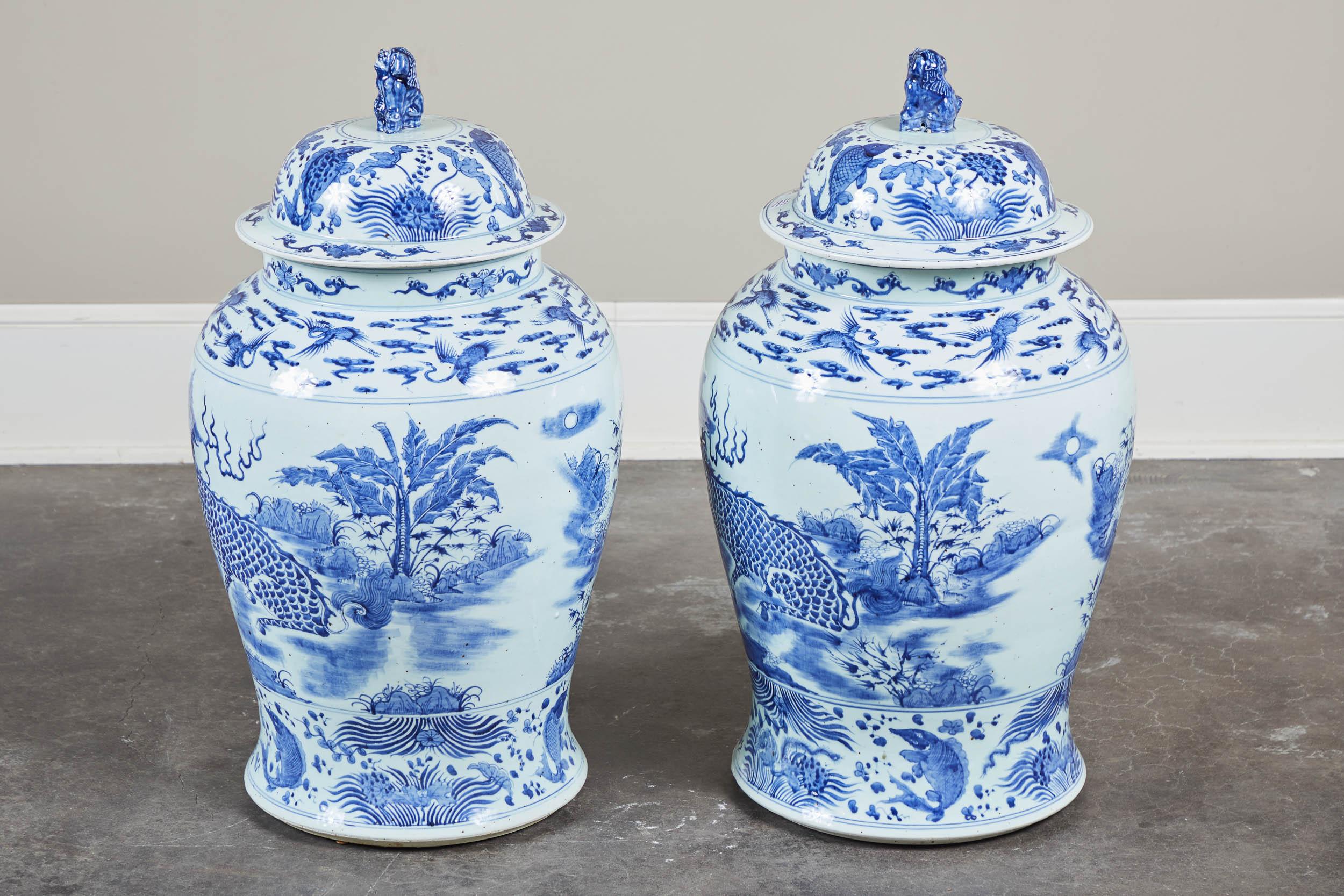 Chinese Pair of Large Blue and White Ginger Jars