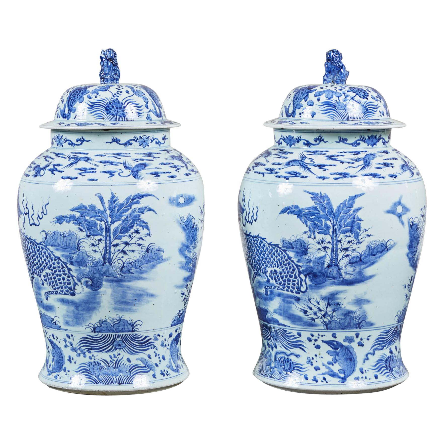 Pair of Large Blue and White Ginger Jars