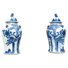 Pair Of Large Blue And White Ginger Jars With Entwined Birds
