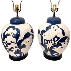 Pair of Large Blue and White Lamps