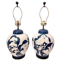 Pair of Large Blue and White Lamps