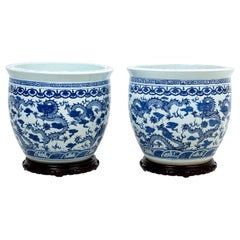 Pair of Large Blue and White Painted Jardinières
