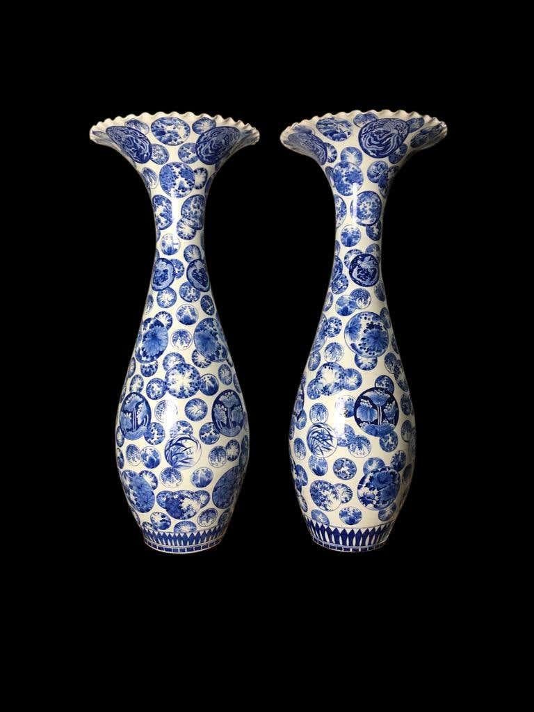 Asian Pair of Large Blue and White Porcelain Japanese Decorative Vases For Sale