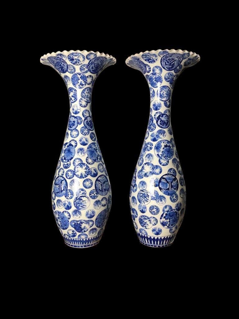 Pair of Large Blue and White Porcelain Japanese Decorative Vases For
