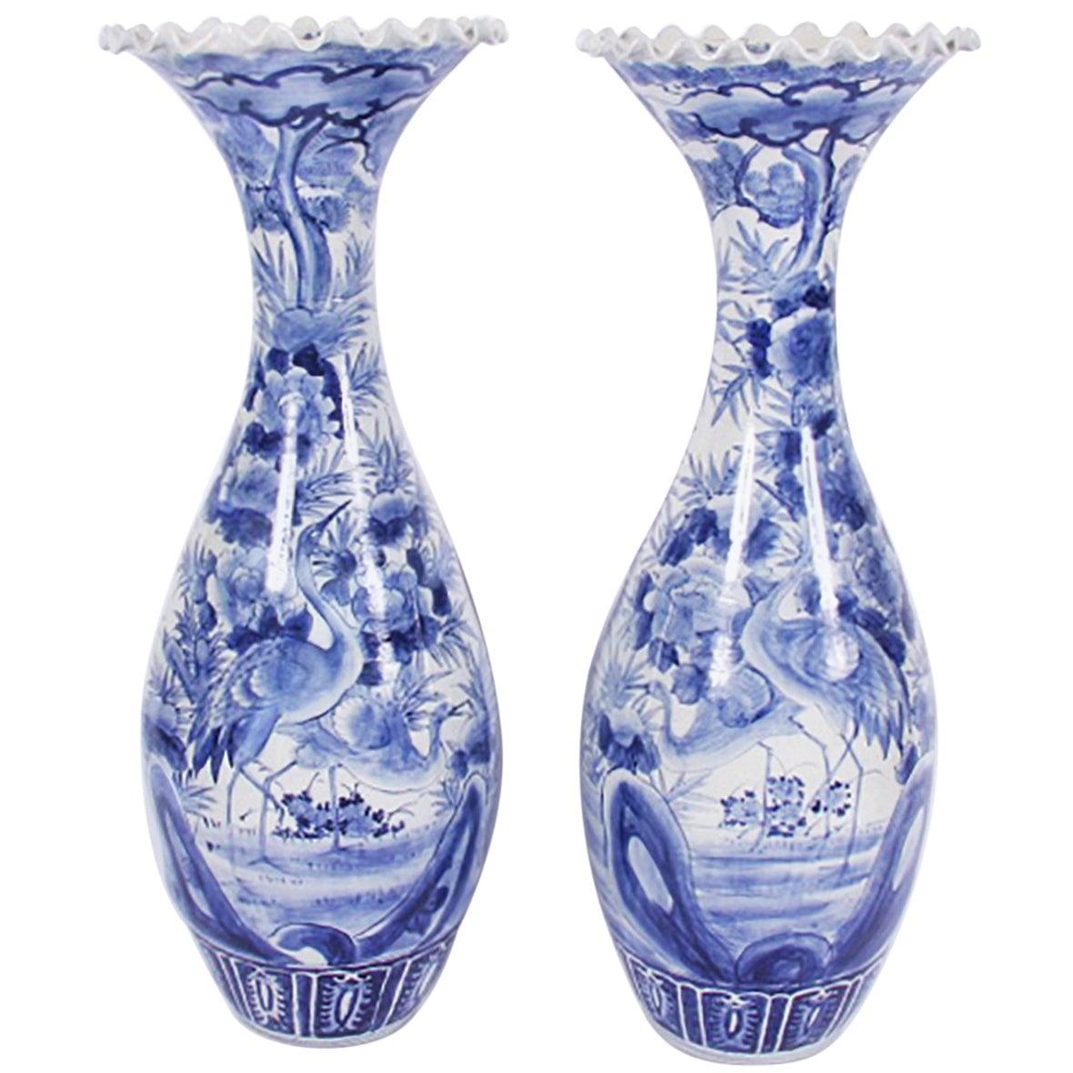 Pair of Large Blue and White Porcelain Japanese Decorative Vases For Sale