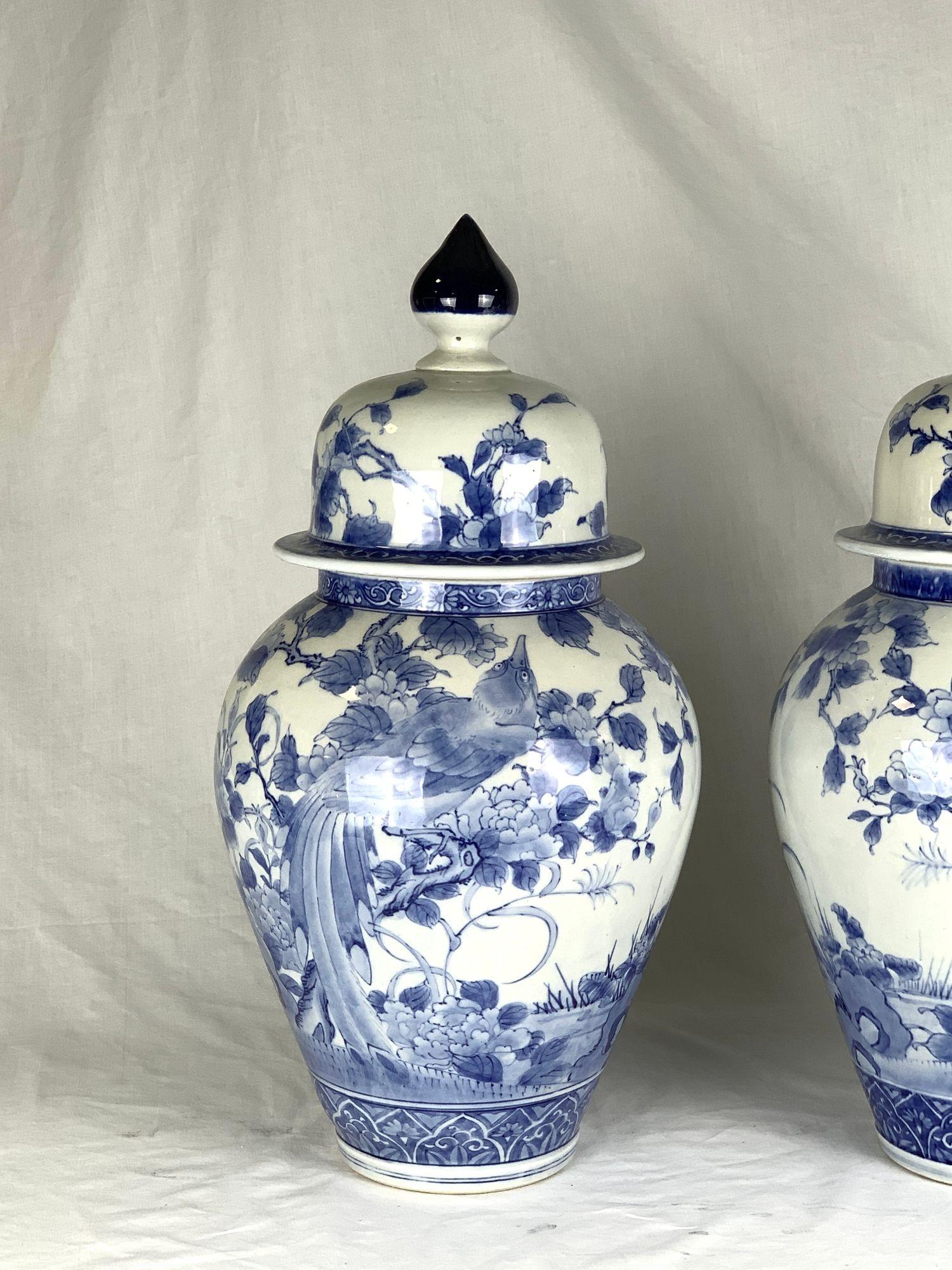 Hand-Painted Pair of Large Blue and White Porcelain Jars, Japanese Meiji Era, Circa 1880 For Sale