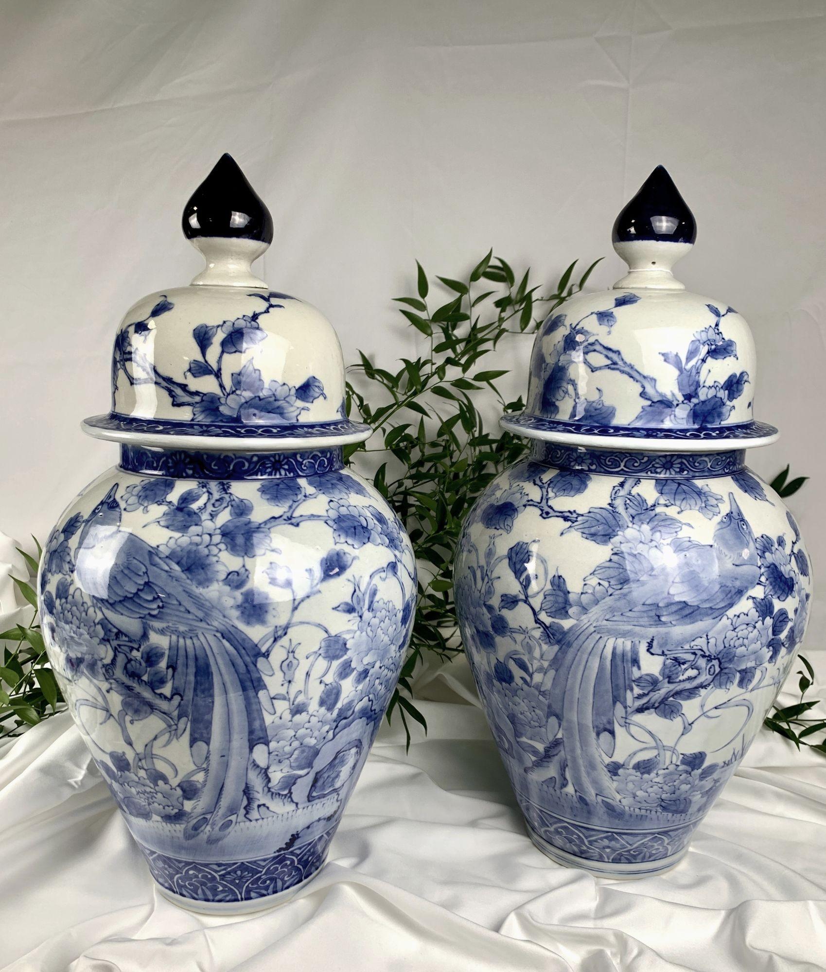 19th Century Pair of Large Blue and White Porcelain Jars, Japanese Meiji Era, Circa 1880 For Sale