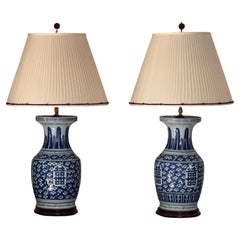 Coppia di grandi lampade in porcellana blu e bianca