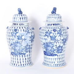 Pair of Large Blue and White Porcelain Lidded Urns or Jars