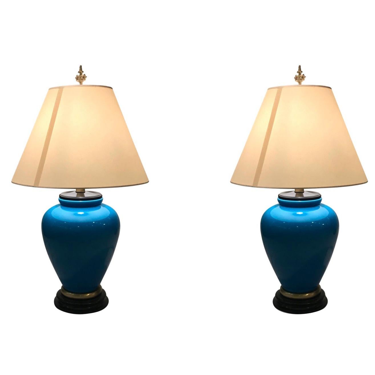 Pair of Large Blue Ceramic Lamps by Frederick Cooper