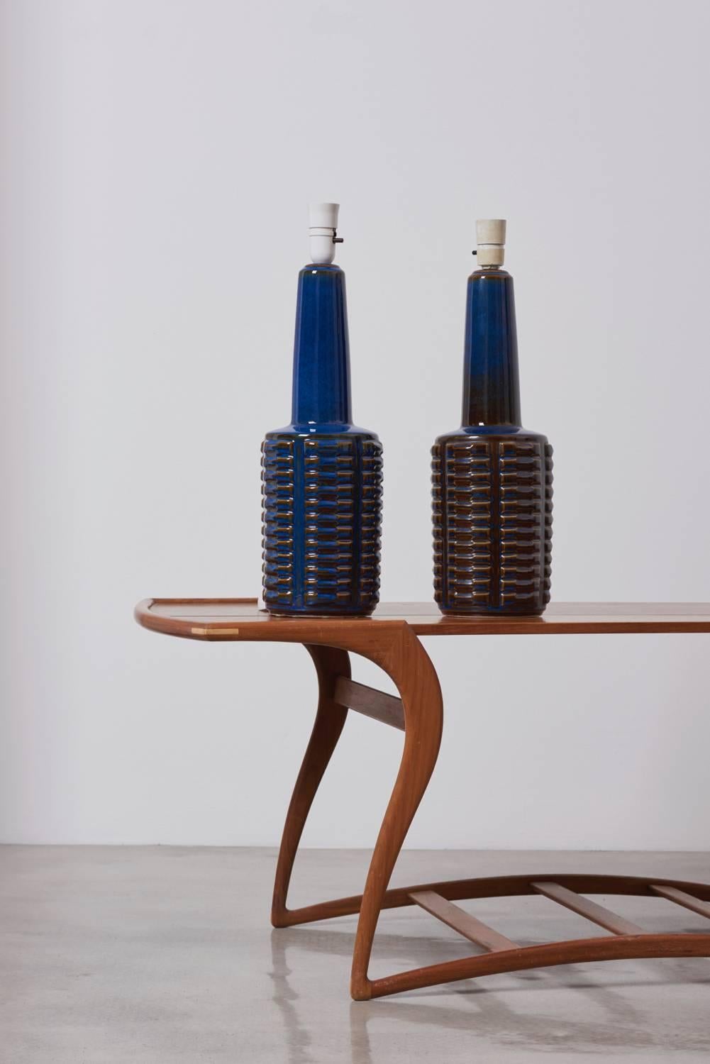 Mid-Century Modern Pair of Large Blue Ceramic Table Lamps by Soholm, Denmark, 1960s