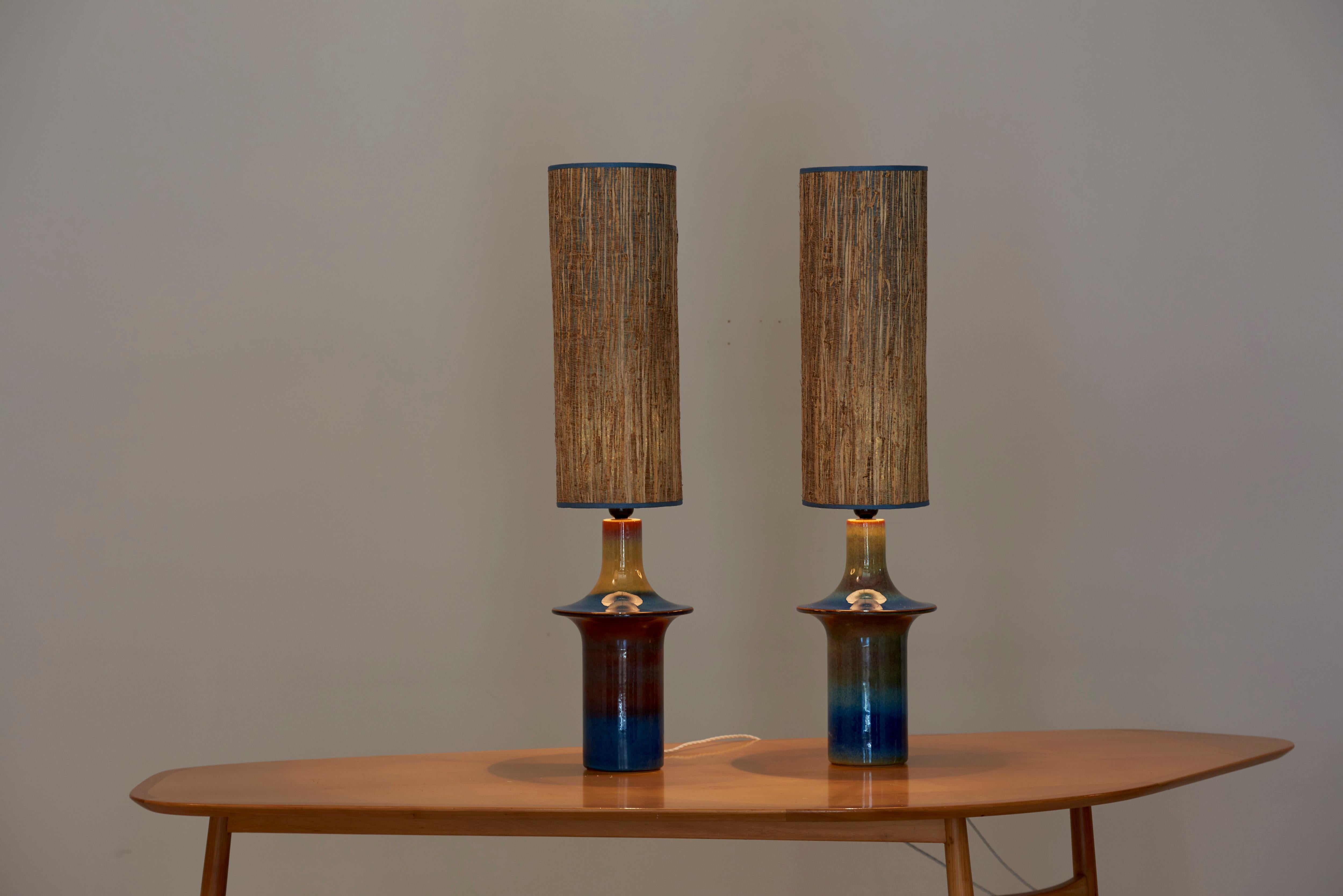 Scandinavian Modern Pair of Large Blue Ceramic Table Lamps by Soholm, Denmark, 1960s