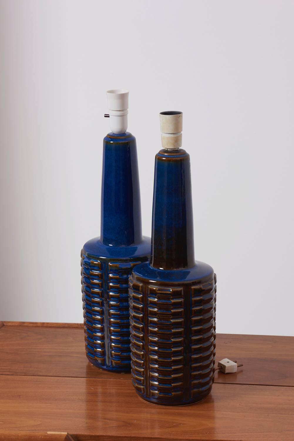Danish Pair of Large Blue Ceramic Table Lamps by Soholm, Denmark, 1960s