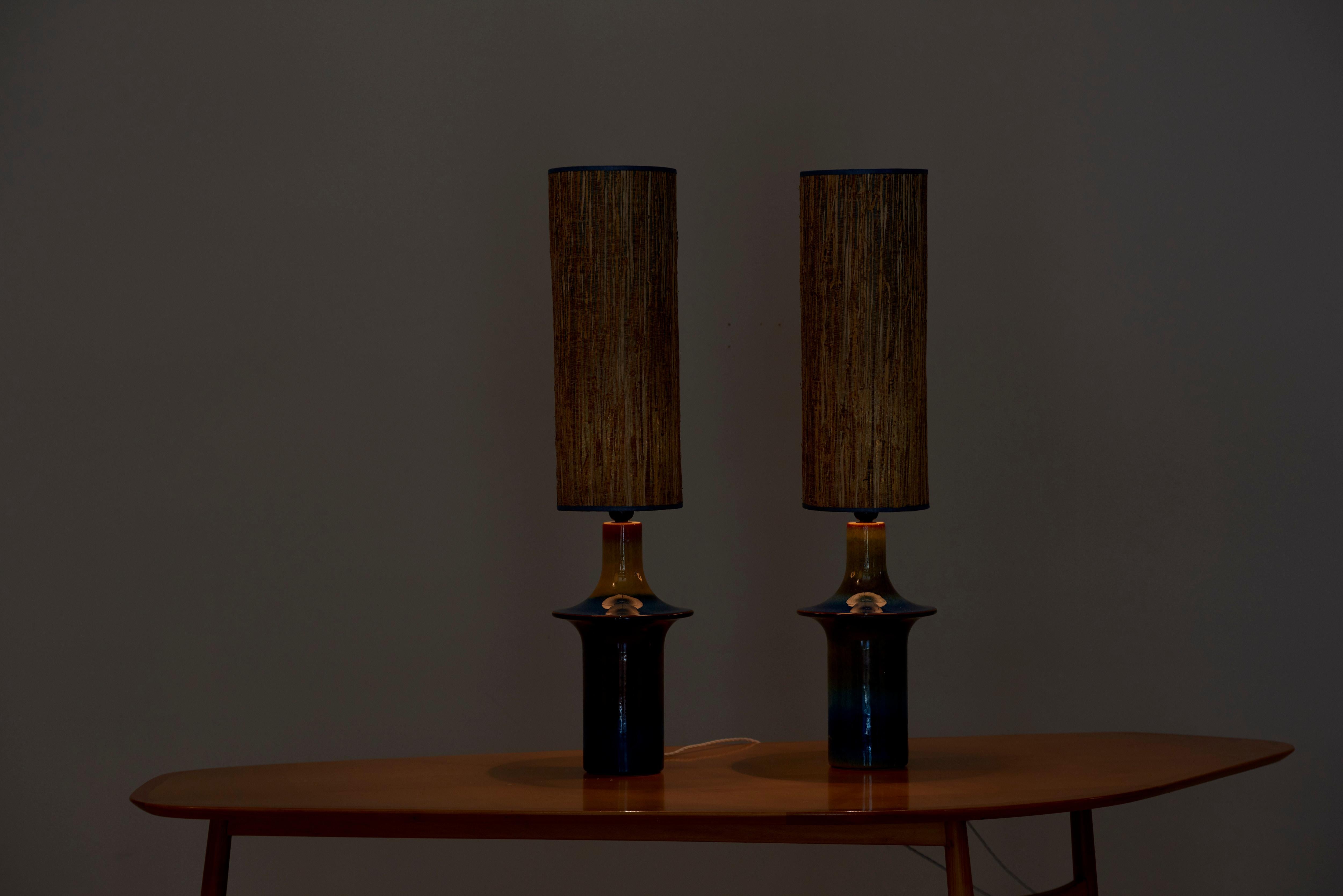 Danish Pair of Large Blue Ceramic Table Lamps by Soholm, Denmark, 1960s
