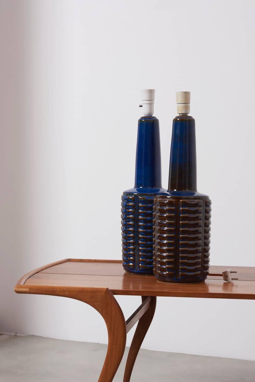 Mid-20th Century Pair of Large Blue Ceramic Table Lamps by Soholm, Denmark, 1960s