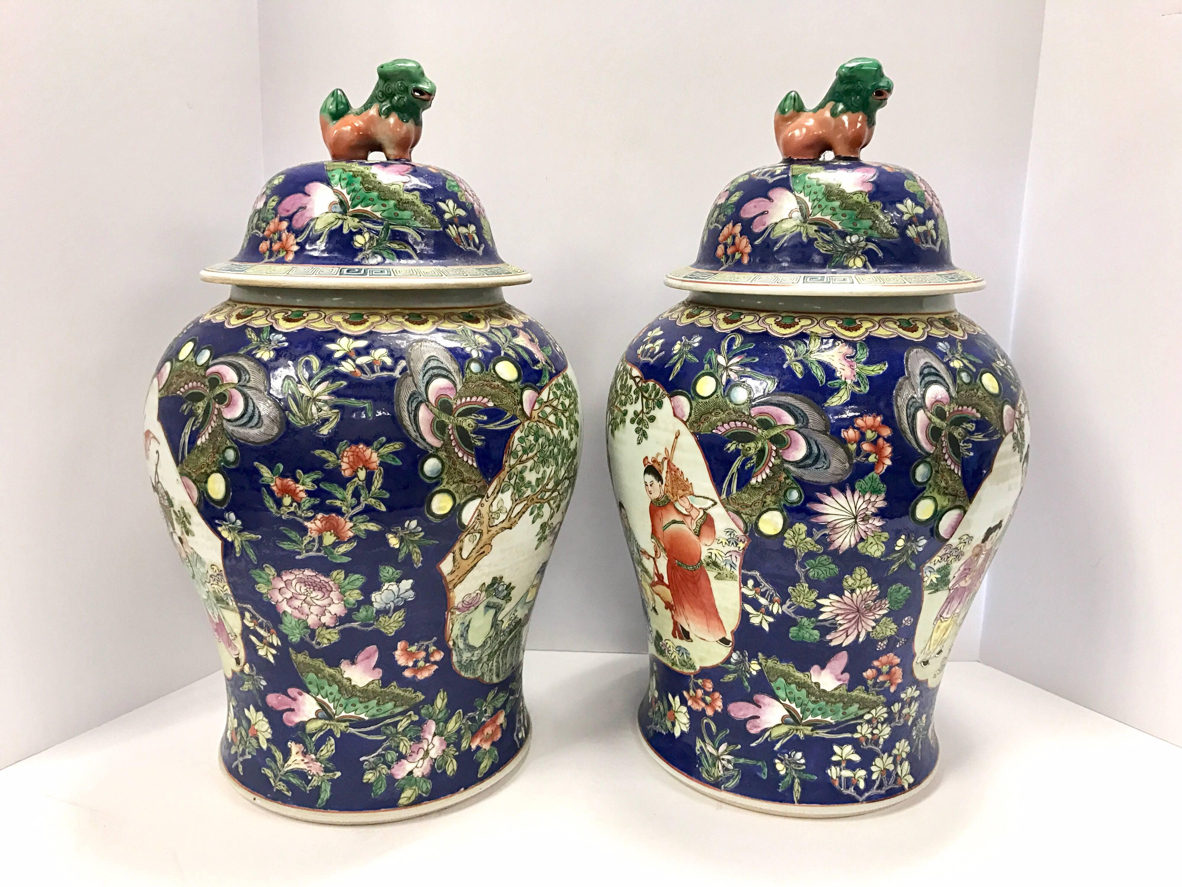 Early 20th Century Pair of Large Blue Chinese Jars Urns Vessels with Foo Dogs