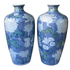 Pair of Large Blue Chinoiserie Vases with Hand-Painted White and Green Florals
