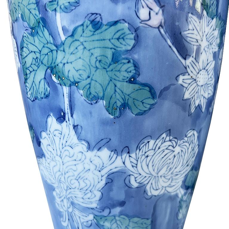 Pair of Large Blue Chinoiserie Vases with Hand-Painted White and Green Florals In Good Condition For Sale In Oklahoma City, OK