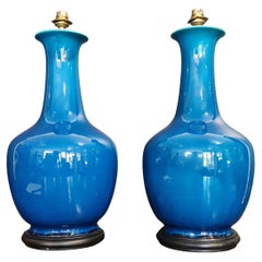 Paar große blaue Crakle-Lampen aus Glasur