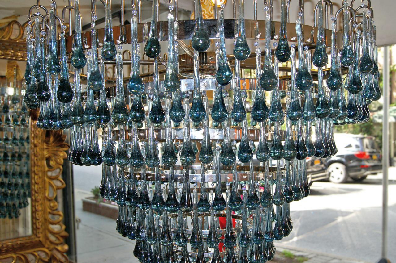 Italian Pair of Large Blue Glass Drops Chandeliers, Sold Individually For Sale