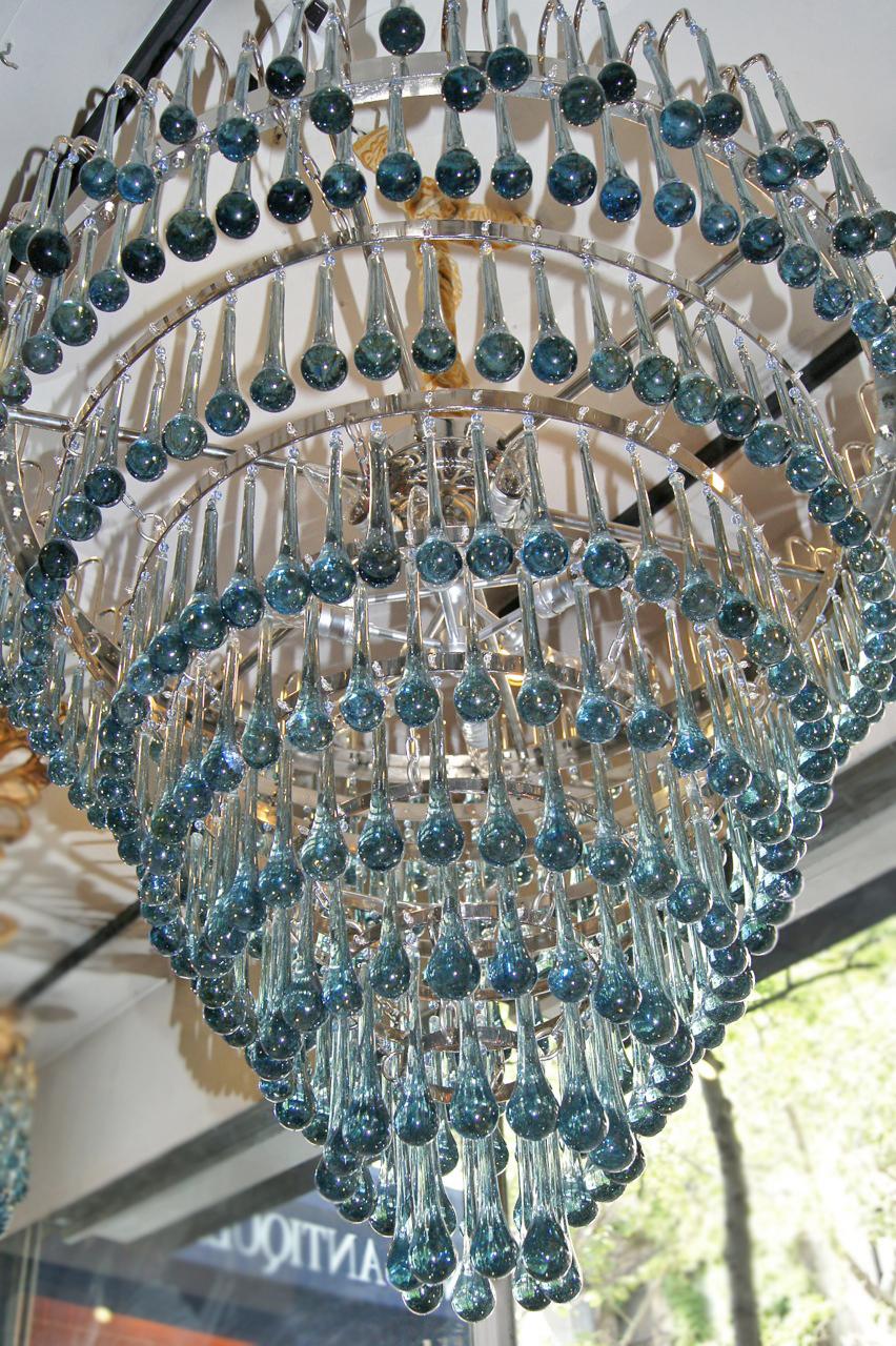 Pair of Large Blue Glass Drops Chandeliers, Sold Individually In Good Condition For Sale In New York, NY
