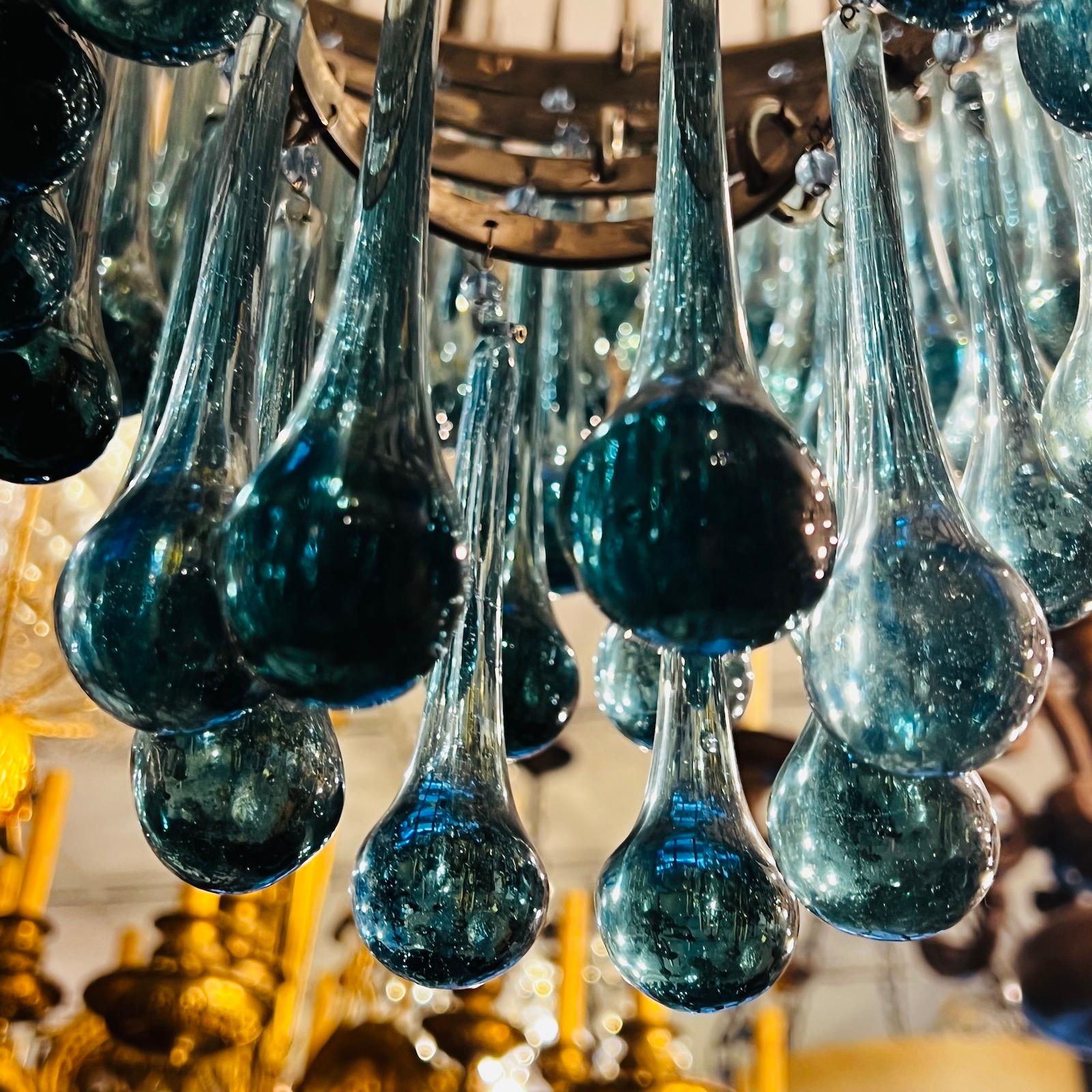 Mid-20th Century Pair of Large Blue Glass Drops Chandeliers, Sold Individually For Sale