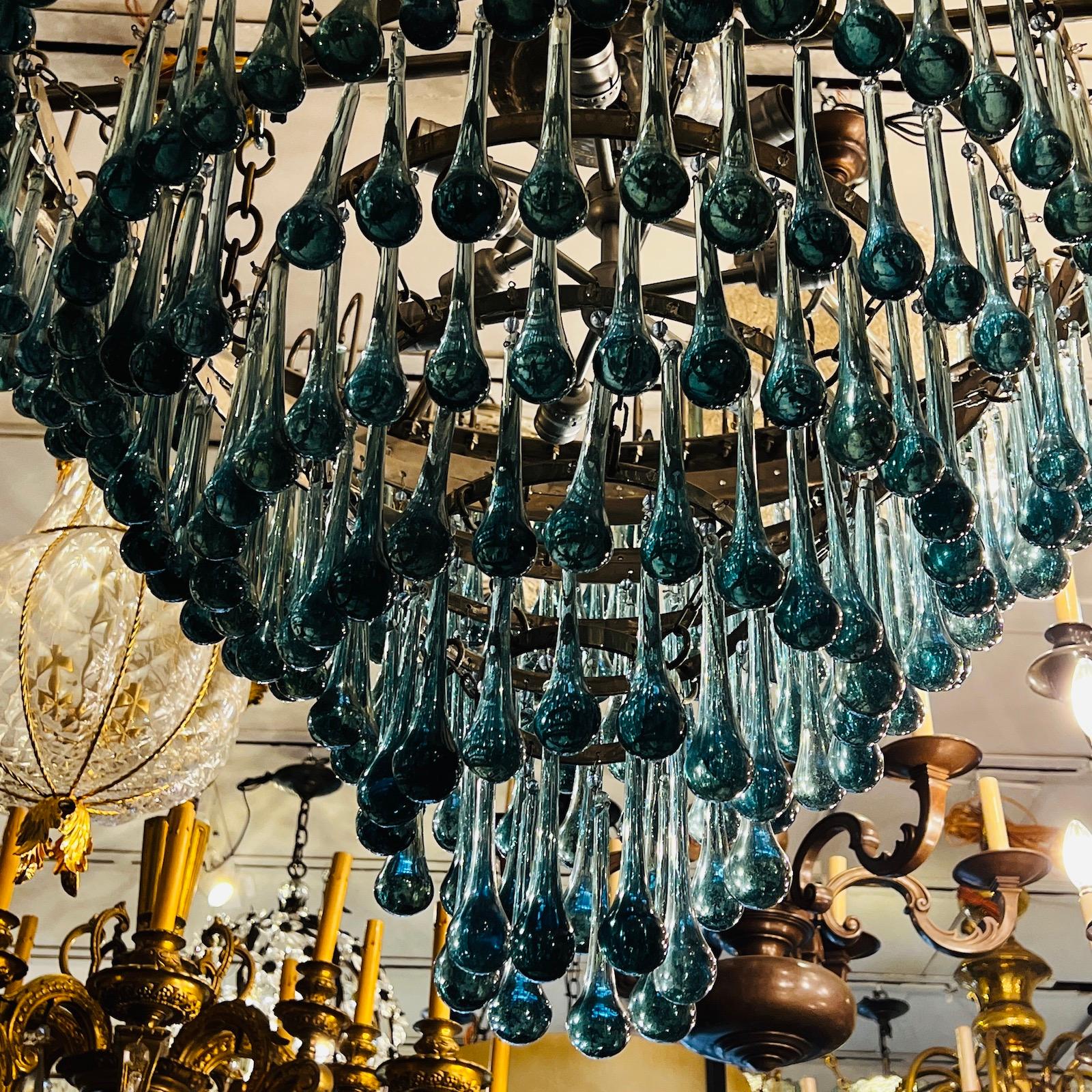 Art Glass Pair of Large Blue Glass Drops Chandeliers, Sold Individually For Sale