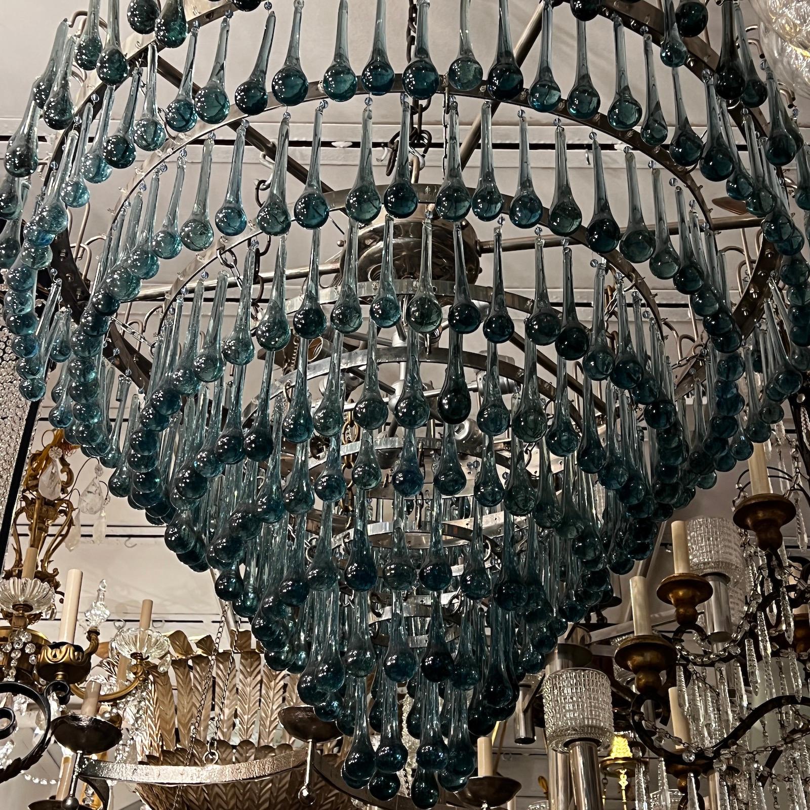 Pair of Large Blue Glass Drops Chandeliers, Sold Individually For Sale 1