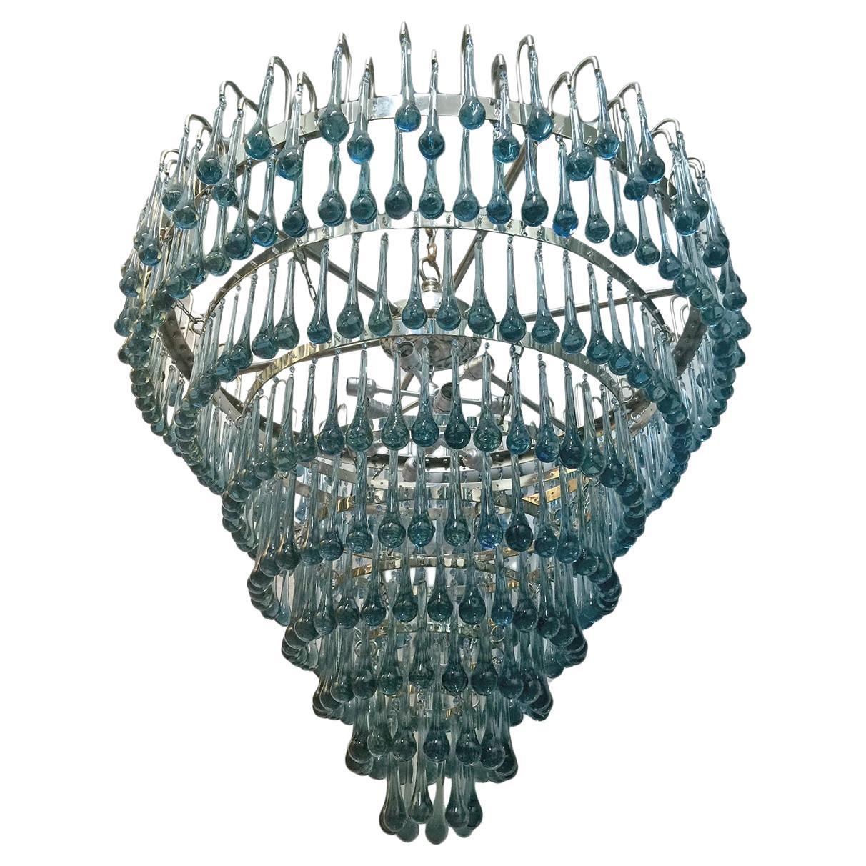 Pair of Large Blue Glass Drops Chandeliers, Sold Individually For Sale