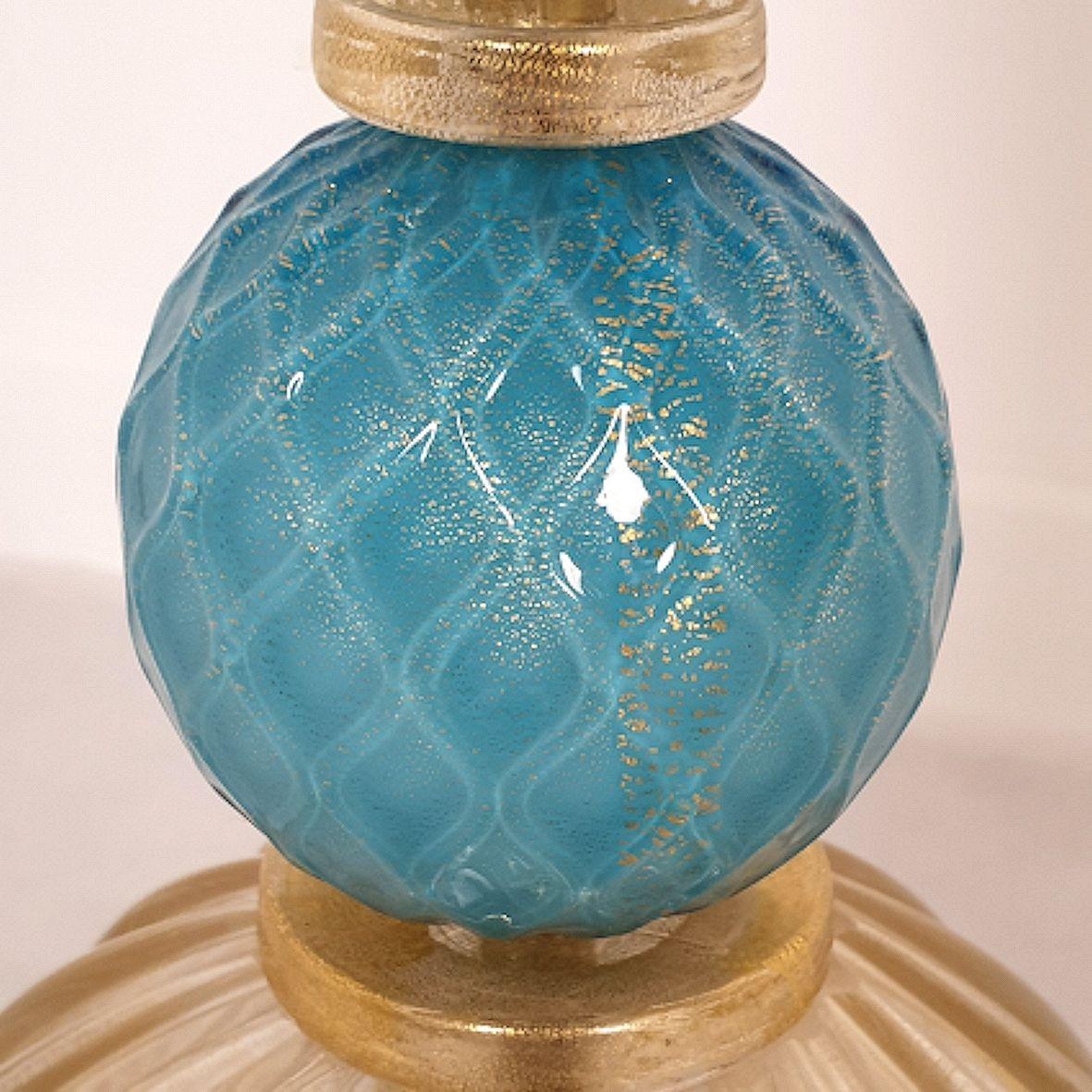 Pair of Large Blue Gold Murano Glass Lamps by Barovier, Italy, 1970s 3