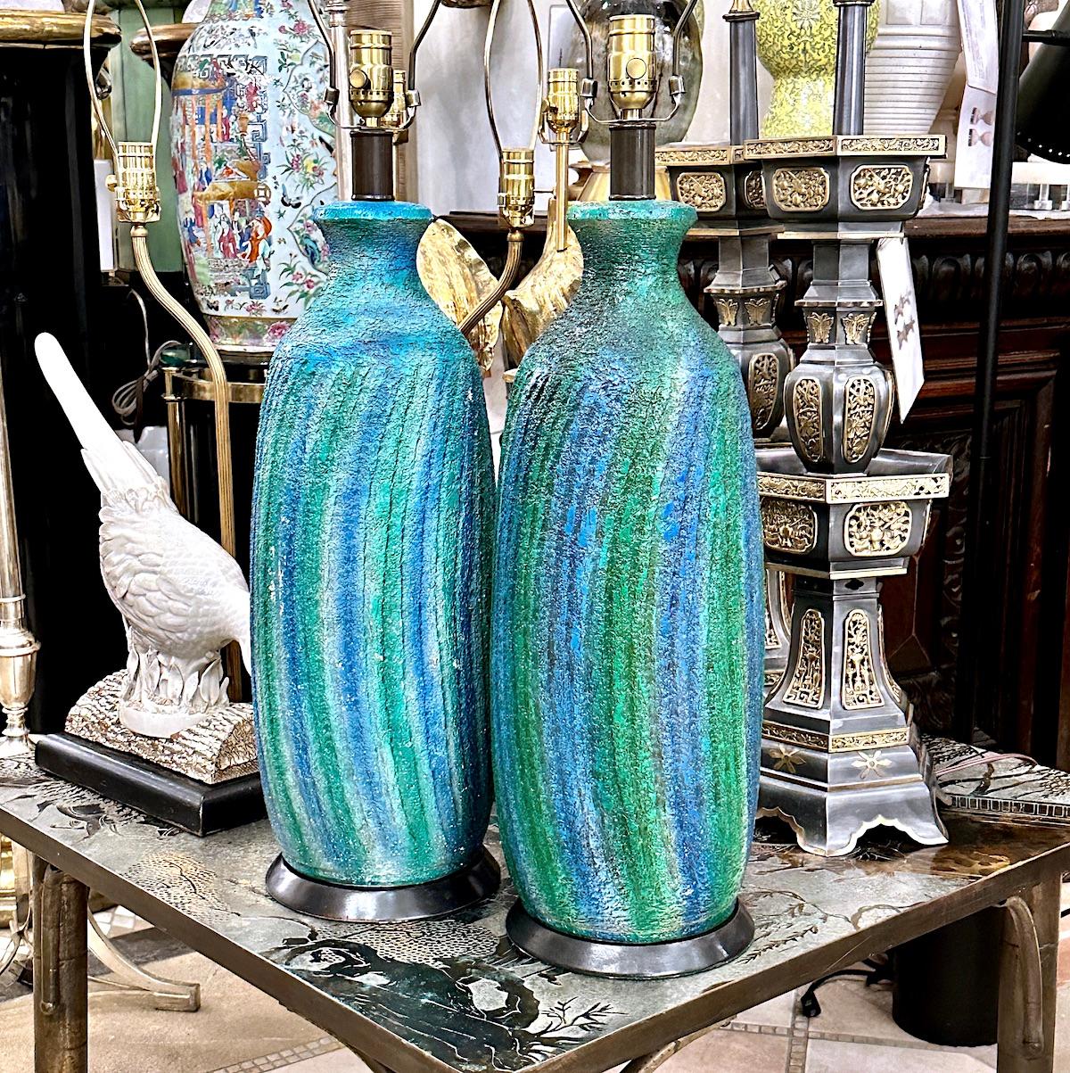 Ceramic Pair of Large Blue Lamps For Sale