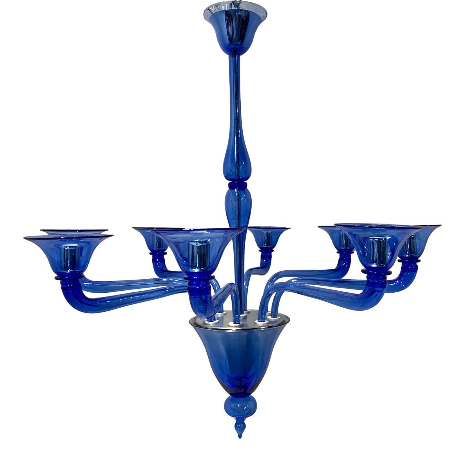 Vetro Coppia di grandi lampadari di Murano blu, venduti singolarmente in vendita