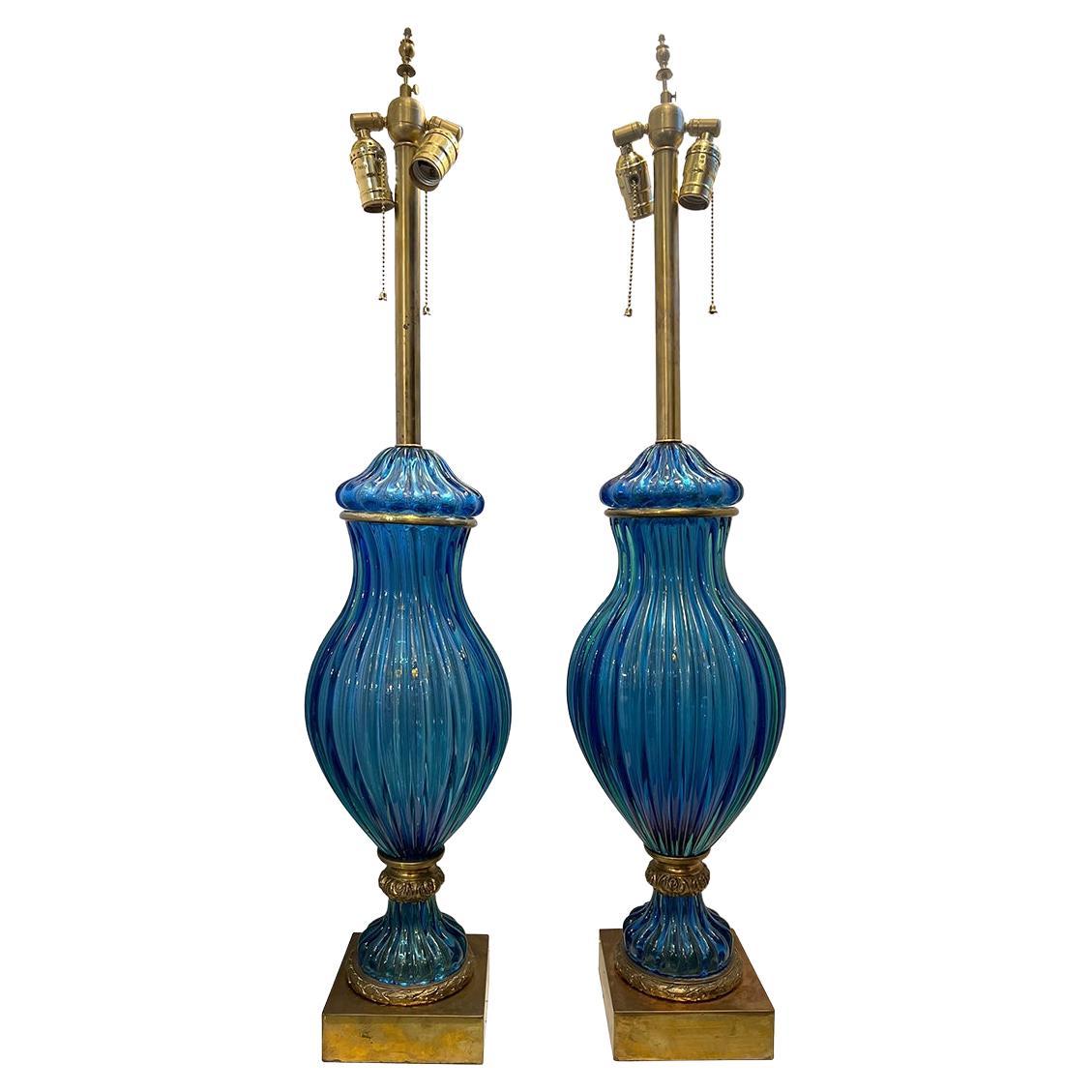 Paar große Lampen aus blauem Muranoglas