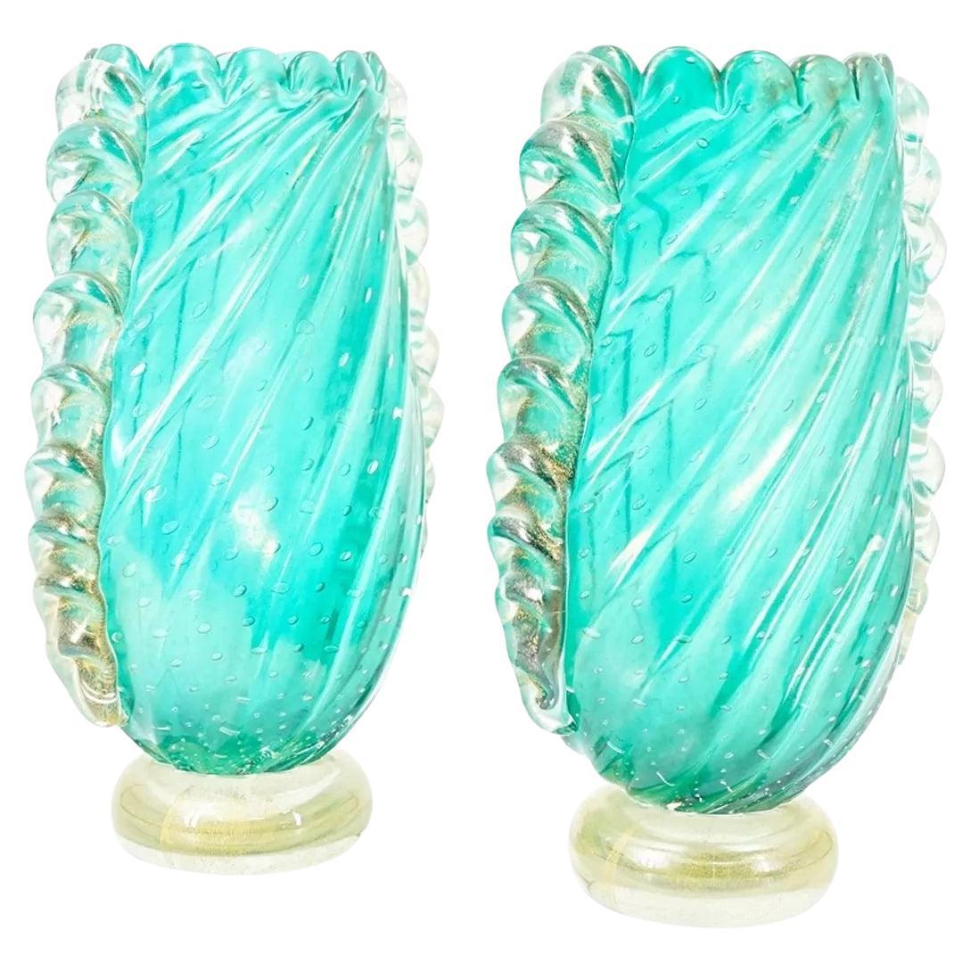 Hand-Crafted Pair of Large Blue Murano Glass Mid-Century Modern Vases 1950s, Barovier e Toso For Sale
