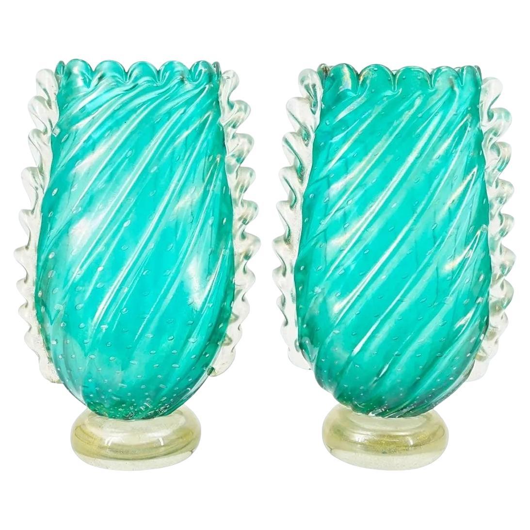 Pair of Large Blue Murano Glass Mid-Century Modern Vases 1950s, Barovier e Toso For Sale