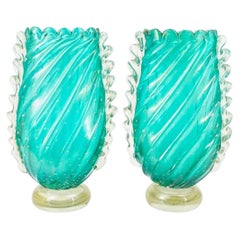 Vintage Pair of Large Blue Murano Glass Mid-Century Modern Vases 1950s, Barovier e Toso