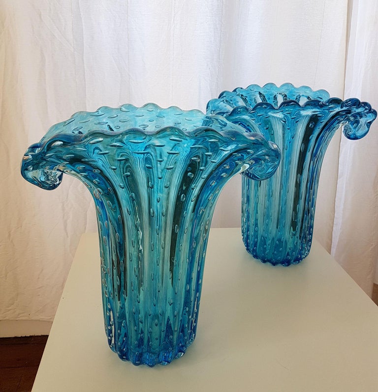 Italian Pair of Large Blue Murano Glass Mid-Century Modern Vases 1970s, Barovier e Toso
