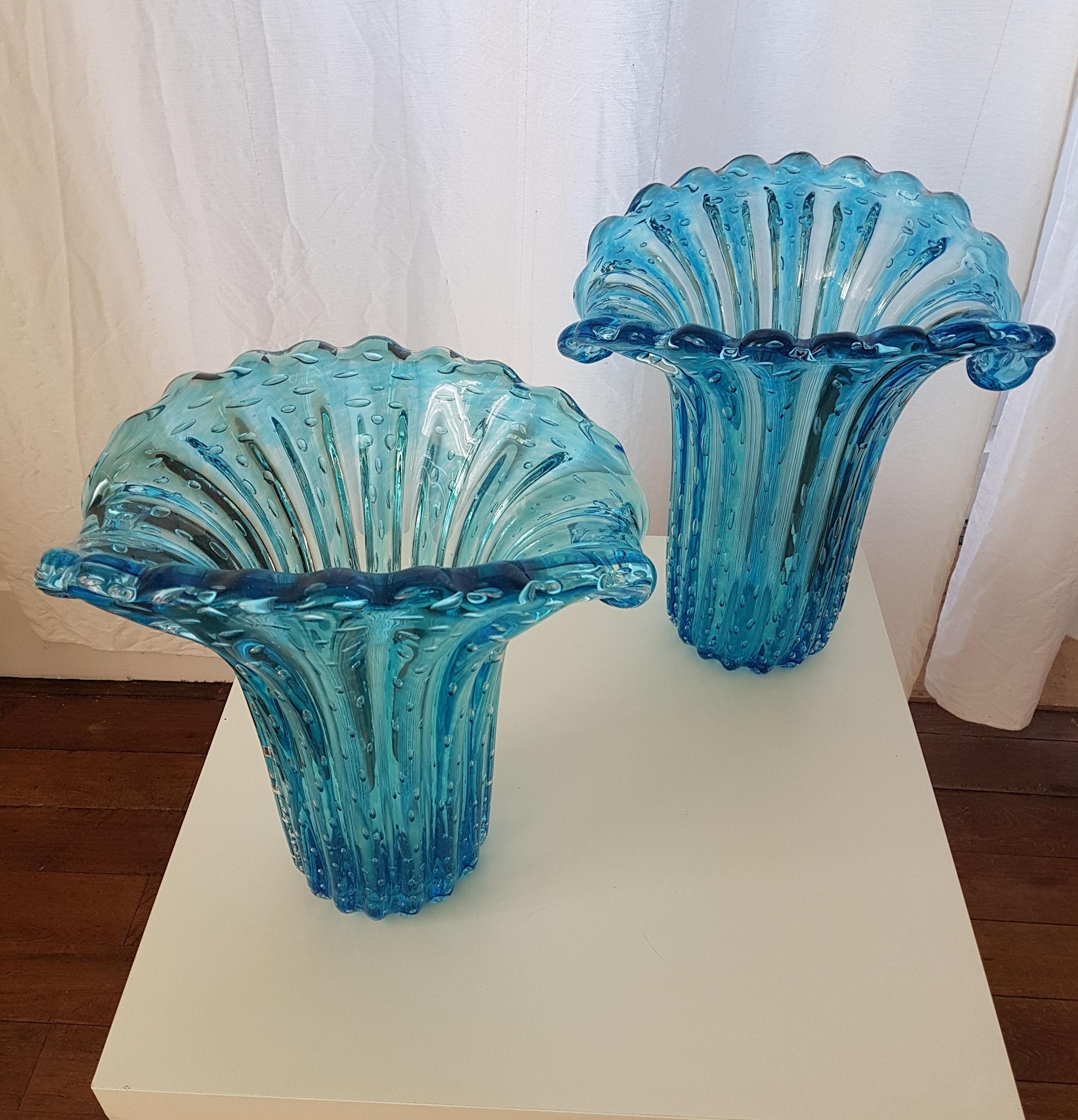 Hand-Crafted Pair of Large Blue Murano Glass Mid-Century Modern Vases 1970s, Barovier e Toso